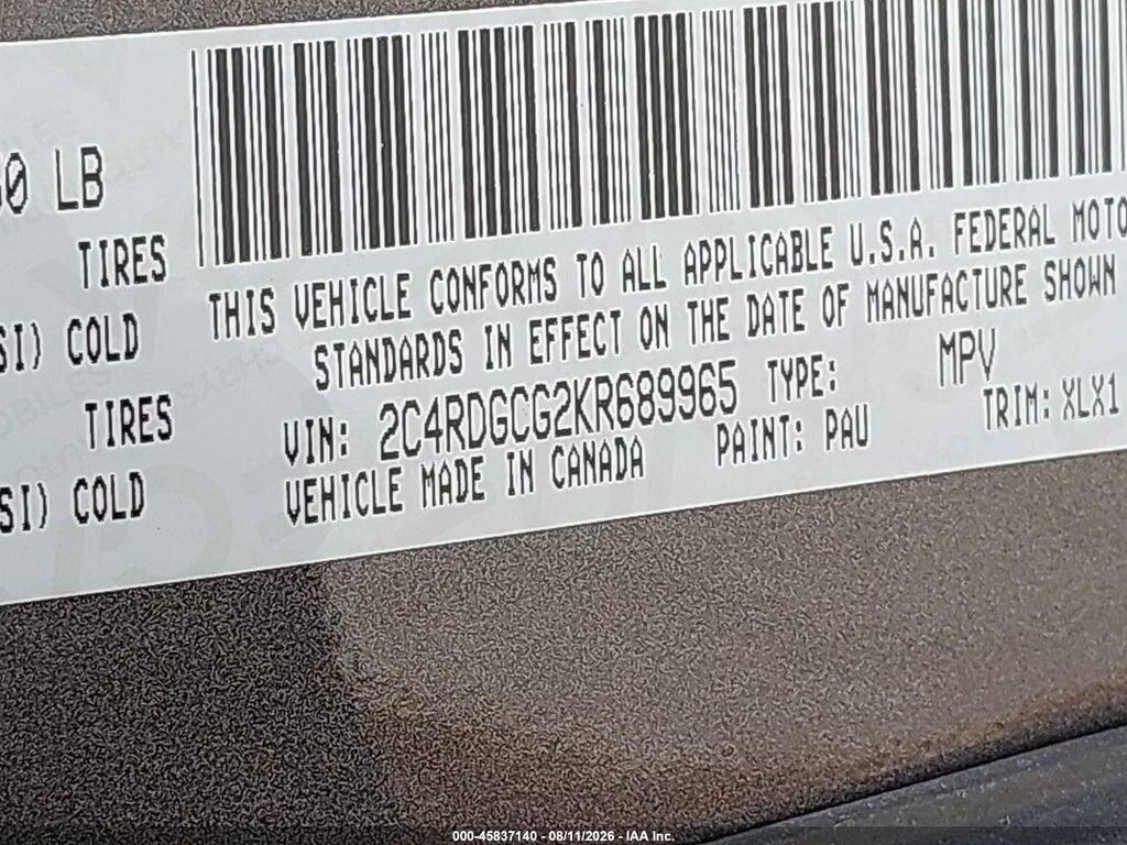 2C4RDGCG2KR689965 2019 DODGE GRAND CARAVAN photo no. 9