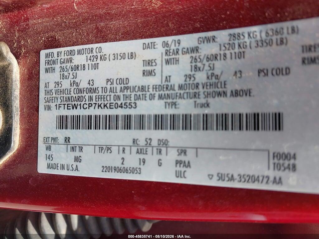 1FTEW1CP7KKE04553 2019 FORD F-150 photo no. 9