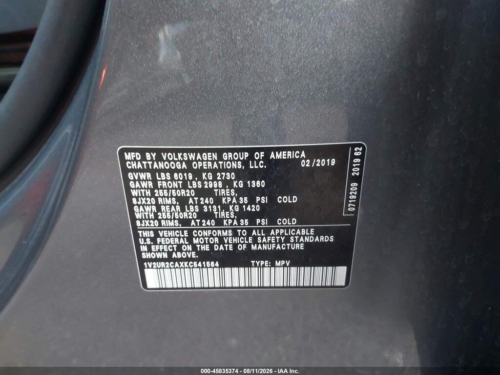1V2UR2CAXKC541564 2019 VOLKSWAGEN ATLAS photo no. 9