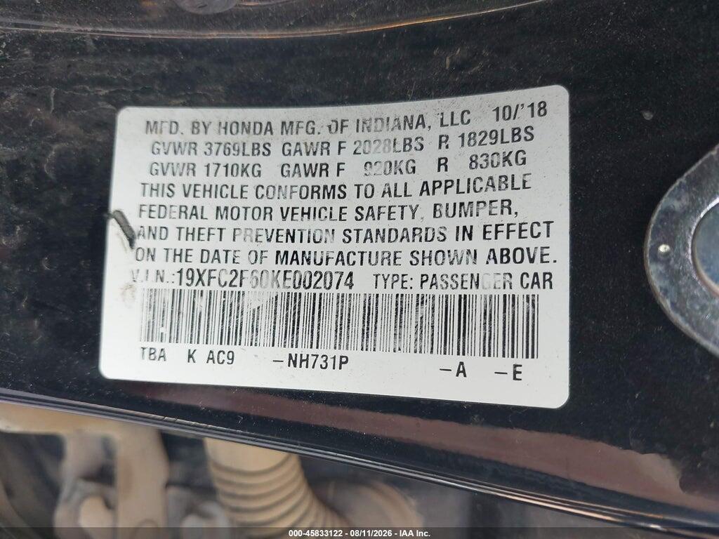 19XFC2F60KE002074 2019 HONDA CIVIC photo no. 9
