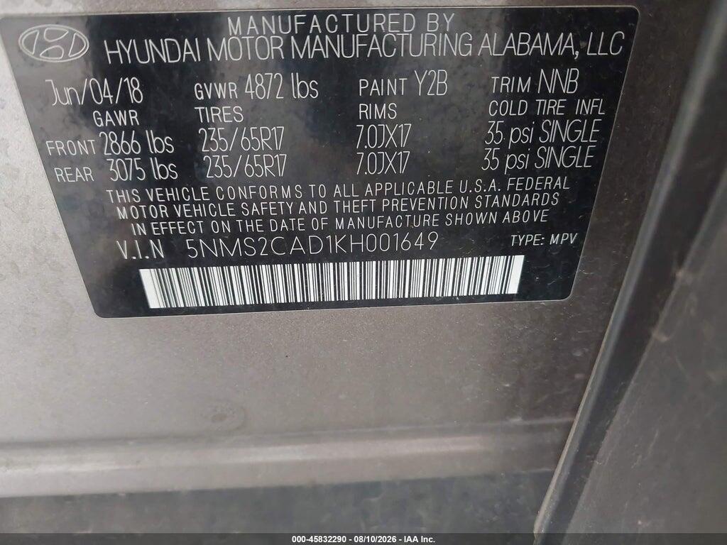 5NMS2CAD1KH001649 2019 HYUNDAI SANTA FE photo no. 9