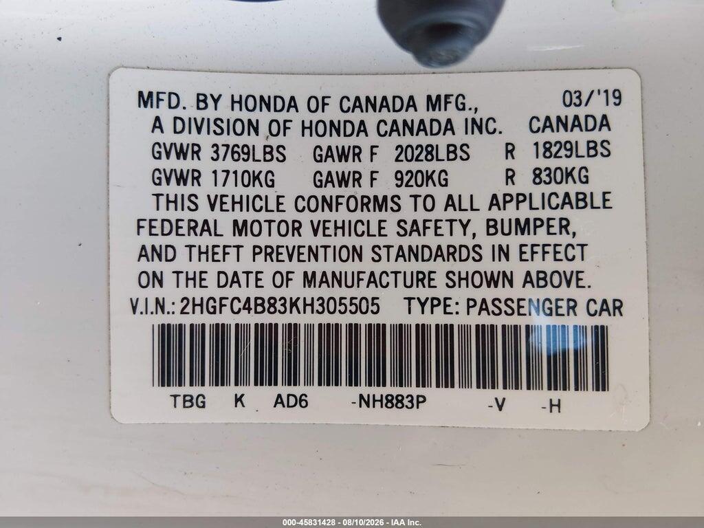 2HGFC4B83KH305505 2019 HONDA CIVIC photo no. 9