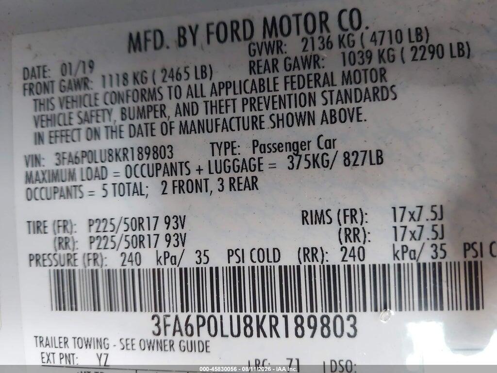 3FA6P0LU8KR189803 2019 FORD FUSION HYBRID photo no. 9