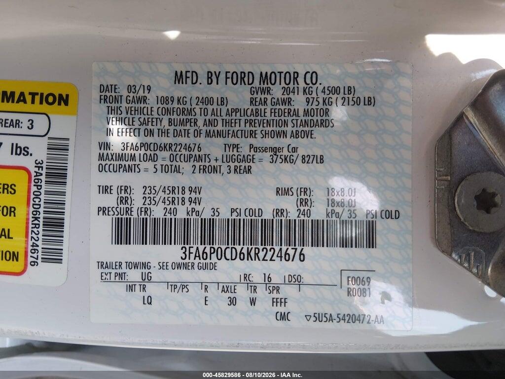 3FA6P0CD6KR224676 2019 FORD FUSION photo no. 9
