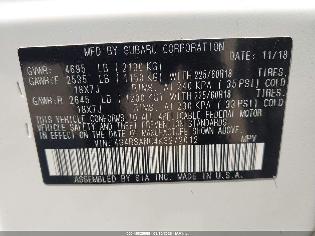 4S4BSANC4K3272012 2019 SUBARU OUTBACK photo no. 9