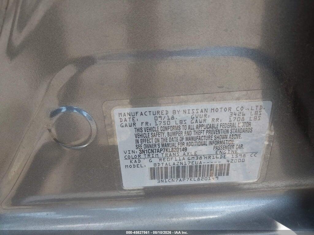 3N1CN7AP7KL820149 2019 NISSAN VERSA photo no. 9