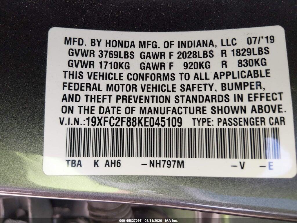 19XFC2F88KE045109 2019 HONDA CIVIC photo no. 9