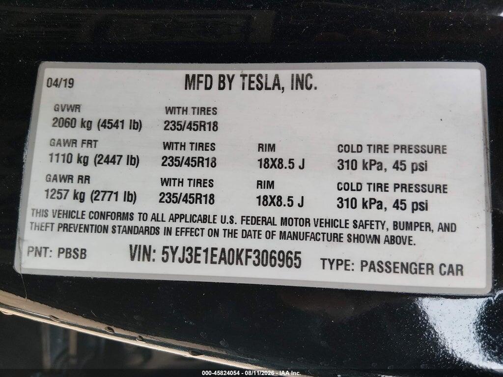 5YJ3E1EA0KF306965 2019 TESLA MODEL 3 photo no. 9