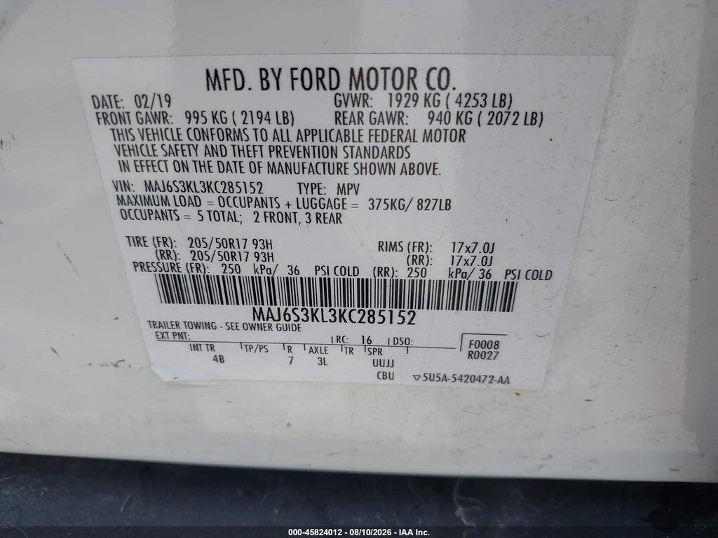 MAJ6S3KL3KC285152 2019 FORD ECOSPORT photo no. 9