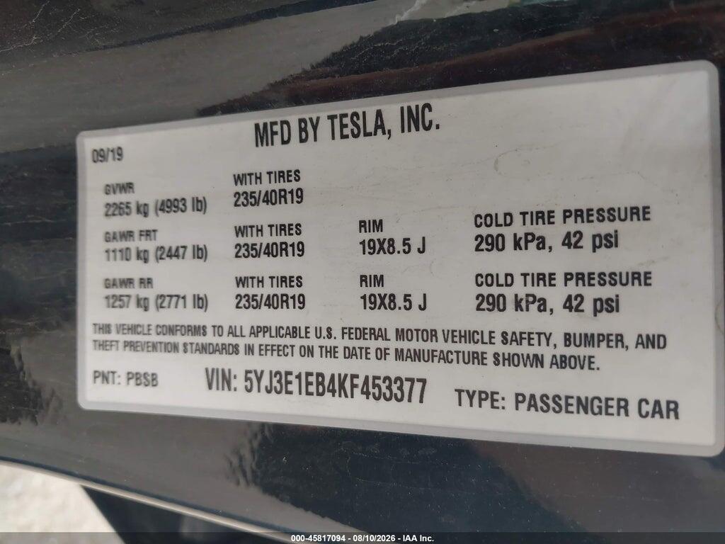 5YJ3E1EB4KF453377 2019 TESLA MODEL 3 photo no. 9