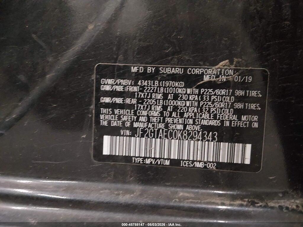 JF2GTAEC0K8294343 2019 SUBARU CROSSTREK photo no. 9