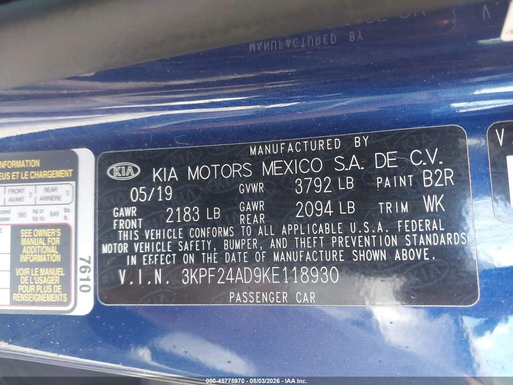 3KPF24AD9KE118930 2019 KIA FORTE photo no. 9