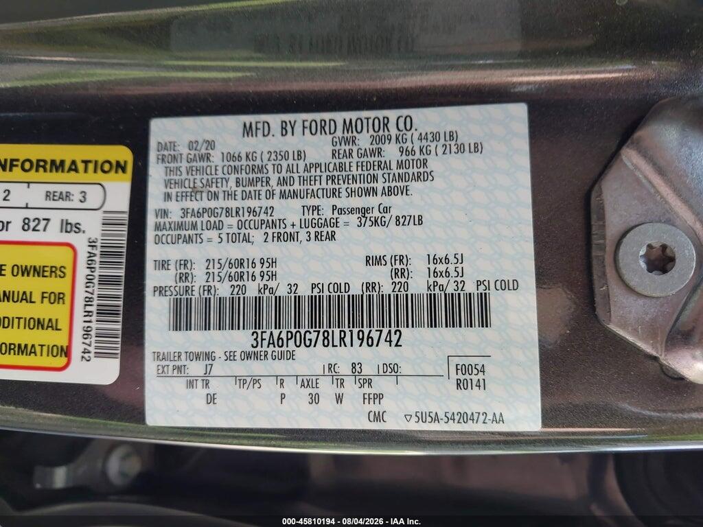 3FA6P0G78LR196742 2020 FORD FUSION photo no. 9