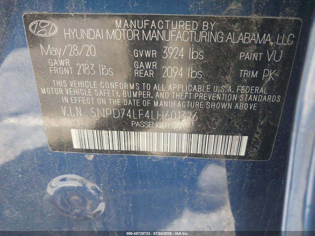 5NPD74LF4LH601326 2020 HYUNDAI ELANTRA photo no. 9