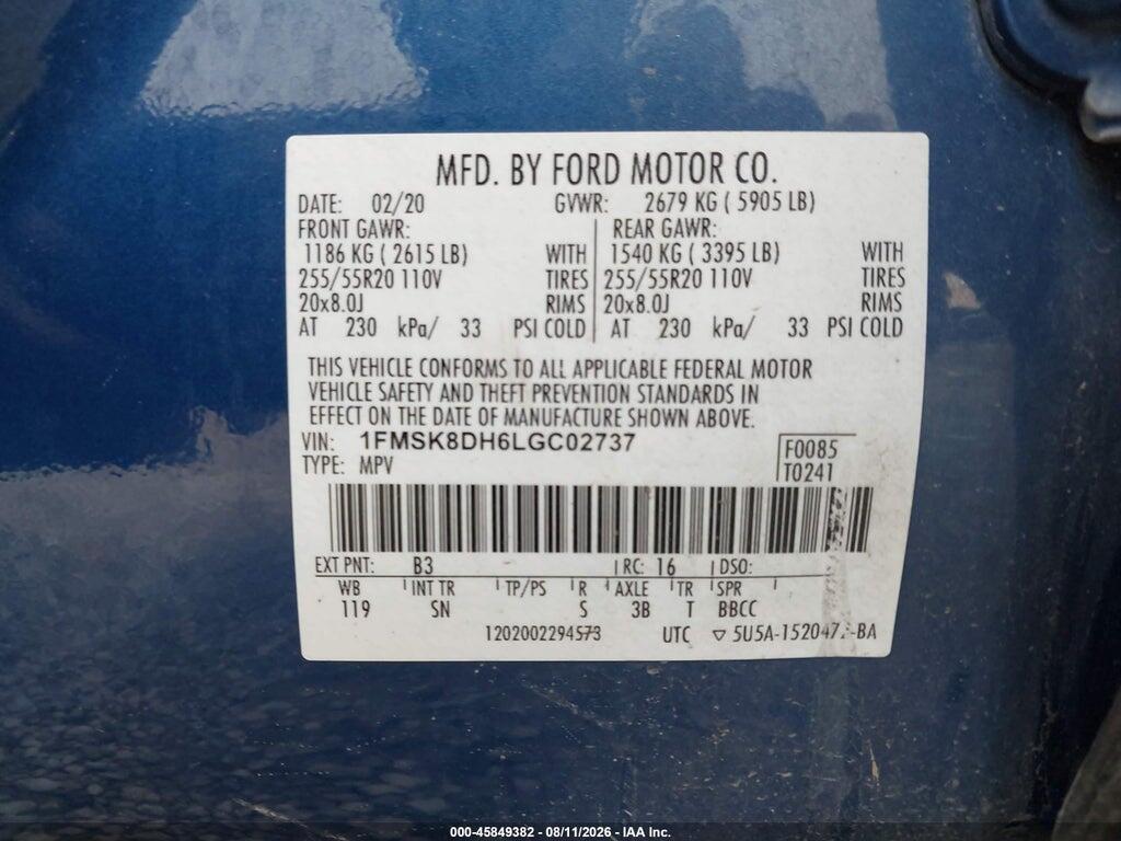 1FMSK8DH6LGC02737 2020 FORD EXPLORER photo no. 9