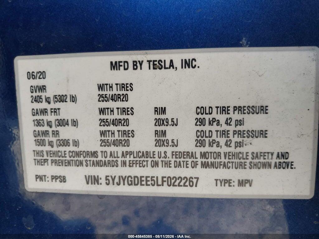 5YJYGDEE5LF022267 2020 TESLA MODEL Y photo no. 9