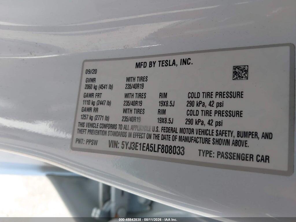 5YJ3E1EA5LF808033 2020 TESLA MODEL 3 photo no. 9