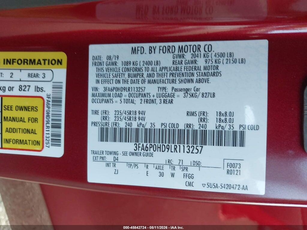 3FA6P0HD9LR113257 2020 FORD FUSION photo no. 9