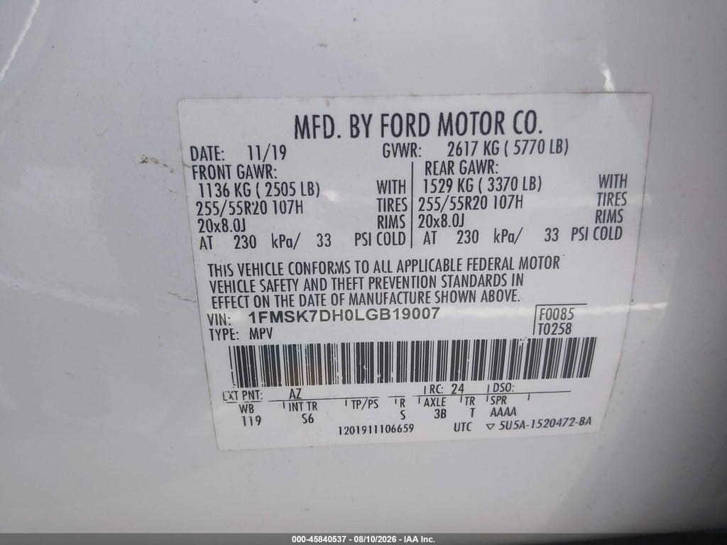 1FMSK7DH0LGB19007 2020 FORD EXPLORER photo no. 9