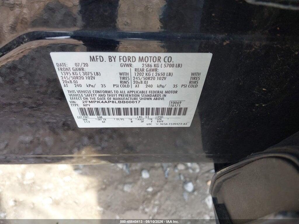 2FMPK4AP8LBB00017 2020 FORD EDGE photo no. 9