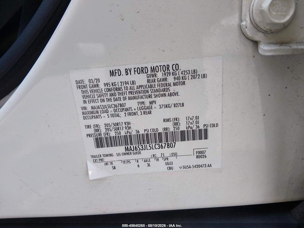 MAJ6S3JL5LC367807 2020 FORD ECOSPORT photo no. 9