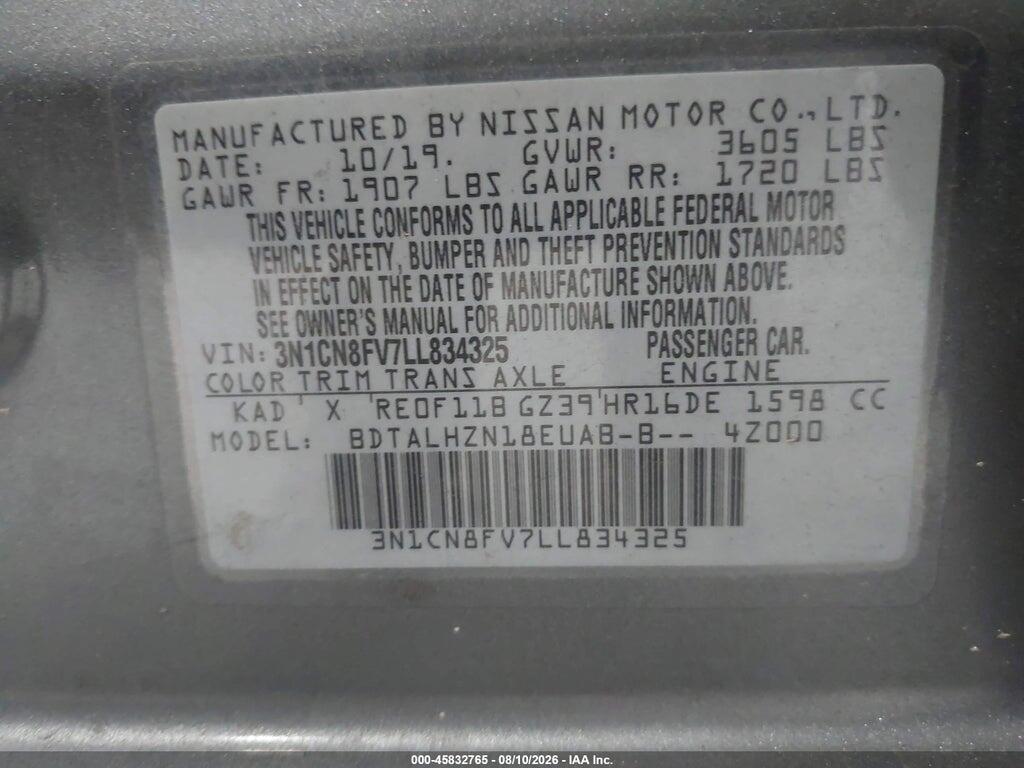 3N1CN8FV7LL834325 2020 NISSAN VERSA photo no. 9