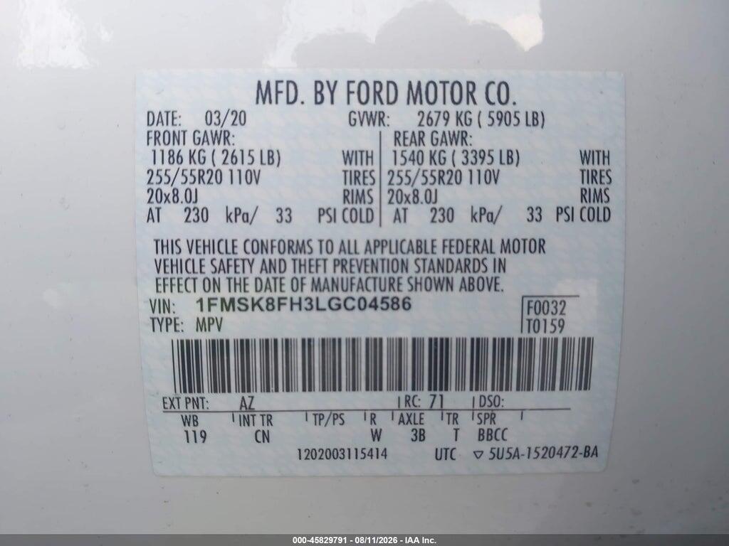 1FMSK8FH3LGC04586 2020 FORD EXPLORER photo no. 9