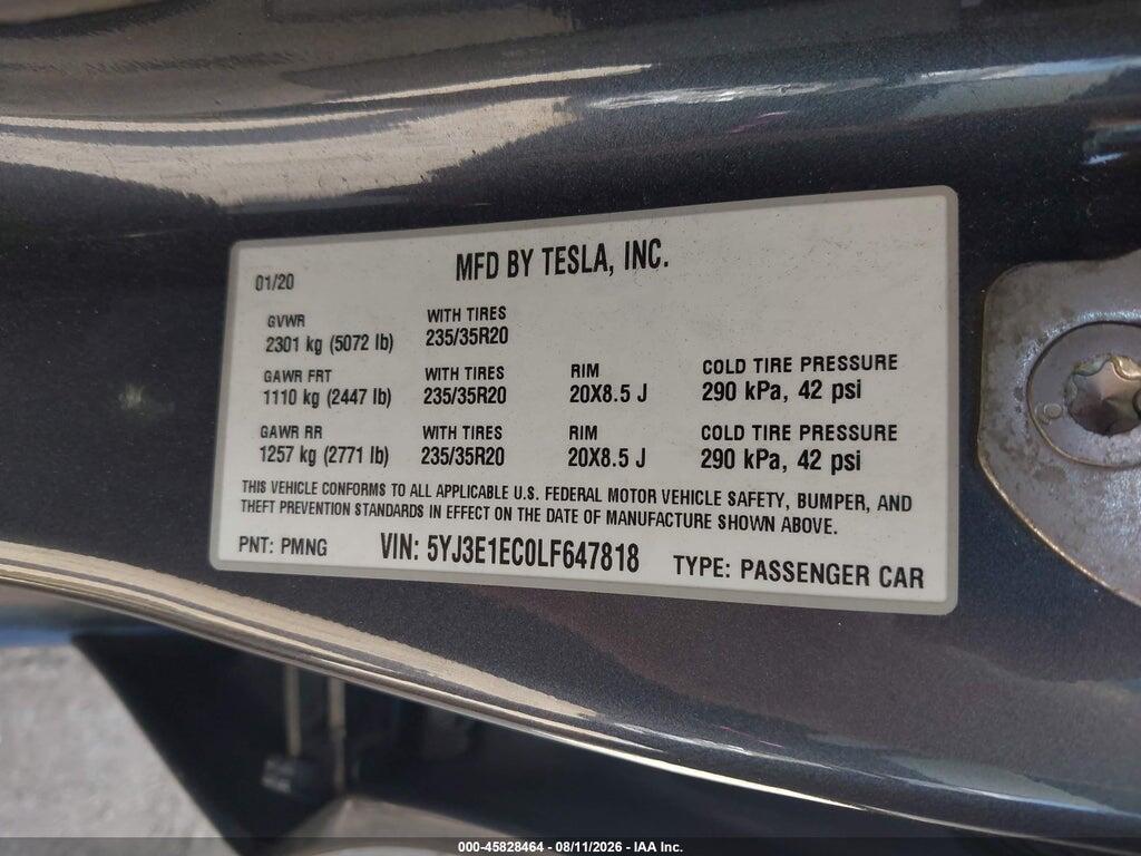5YJ3E1EC0LF647818 2020 TESLA MODEL 3 photo no. 9