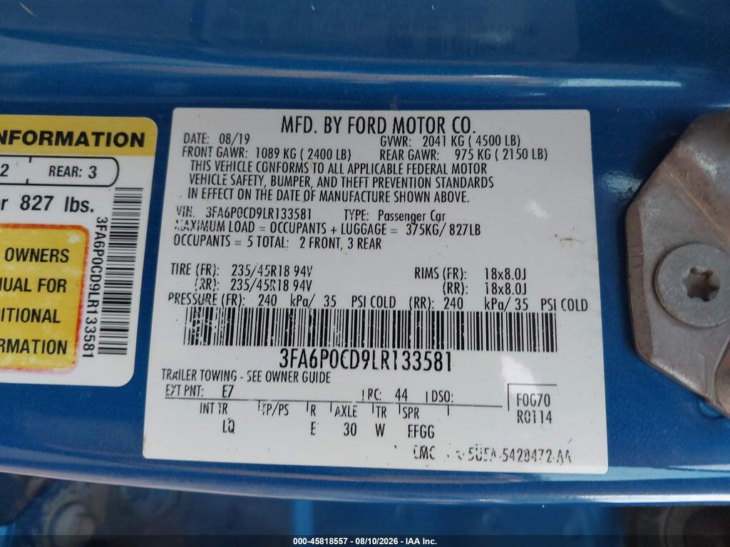3FA6P0CD9LR133581 2020 FORD FUSION photo no. 9