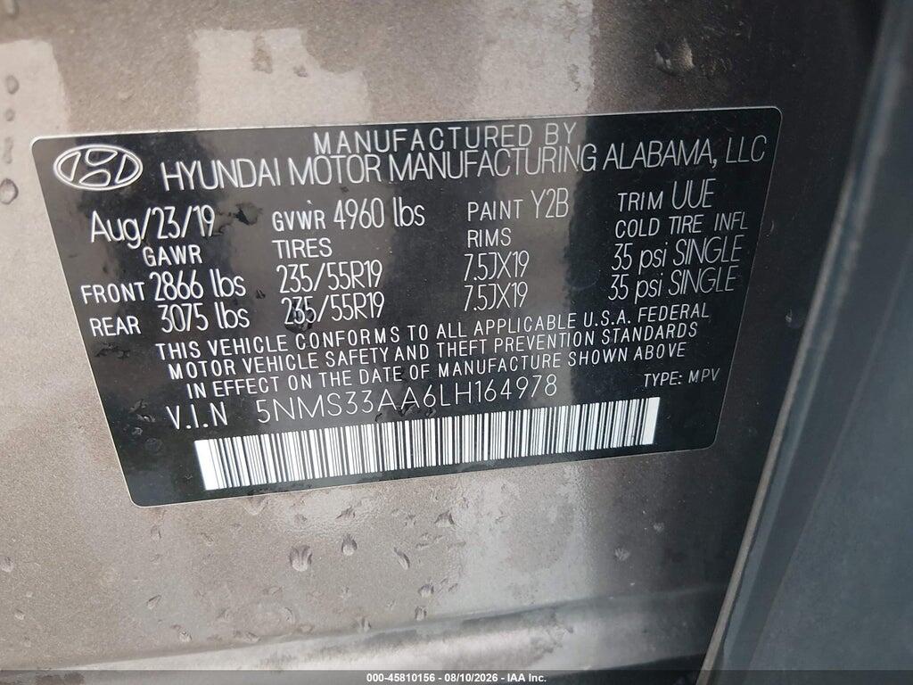 5NMS33AA6LH164978 2020 HYUNDAI SANTA FE photo no. 9