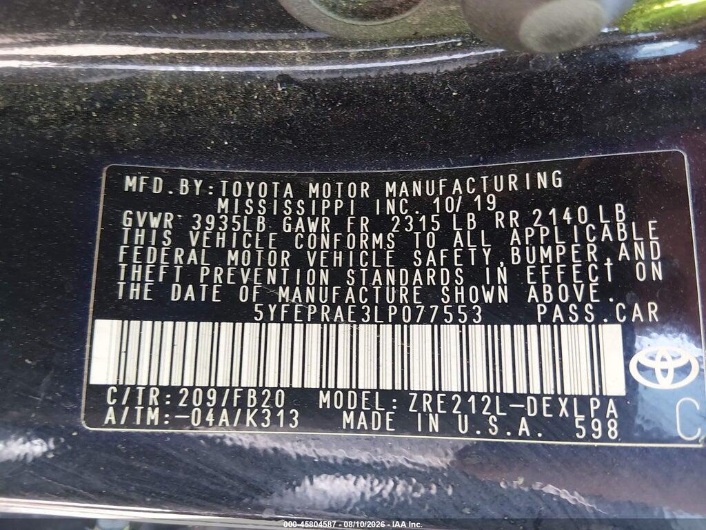 5YFEPRAE3LP077553 2020 TOYOTA COROLLA photo no. 9