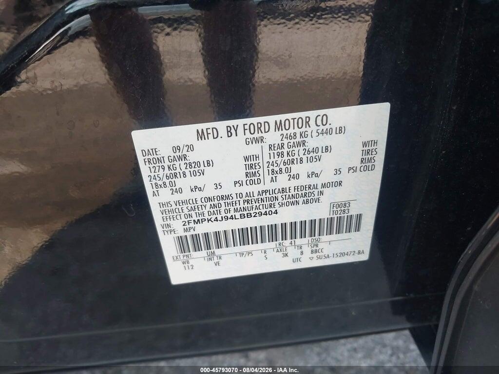 2FMPK4J94LBB29404 2020 FORD EDGE photo no. 9