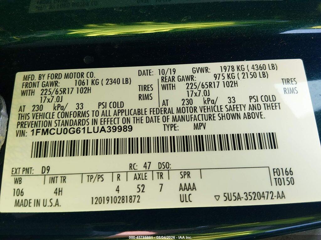 1FMCU0G61LUA39989 2020 FORD ESCAPE photo no. 9