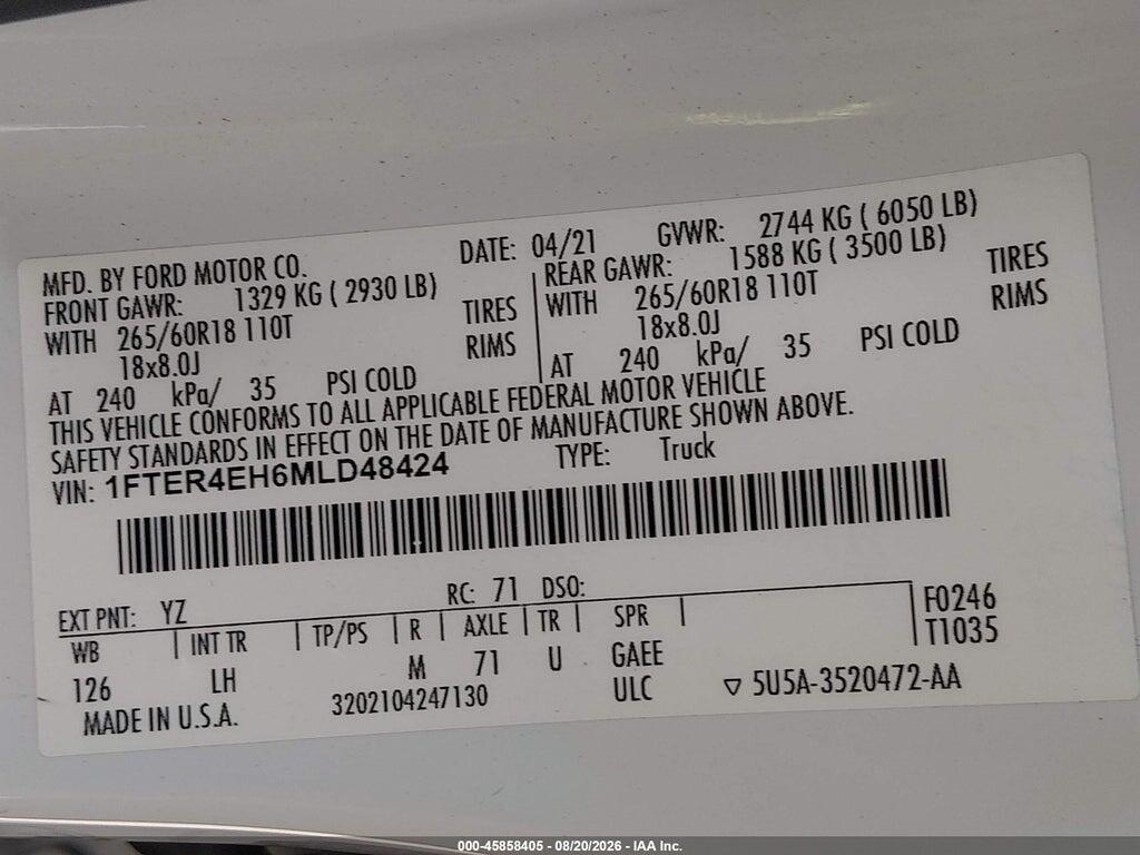 1FTER4EH6MLD48424 2021 FORD RANGER photo no. 9