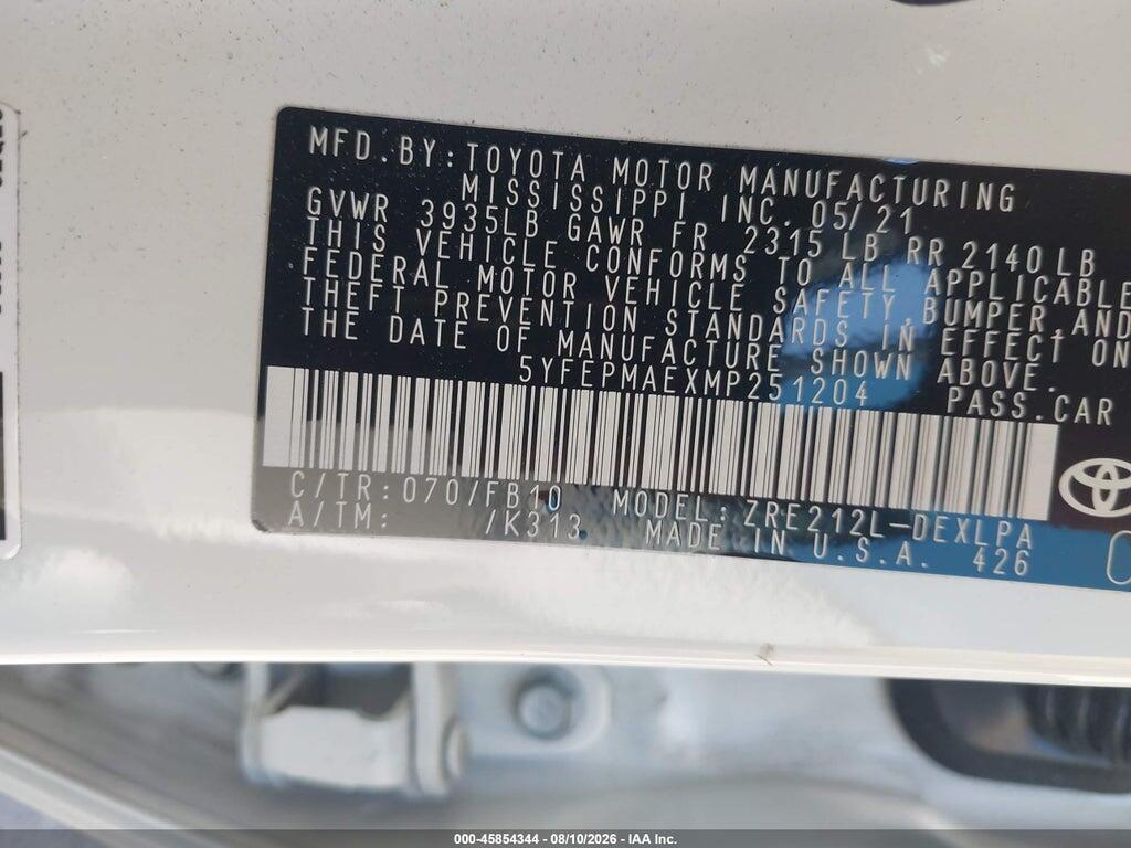 5YFEPMAEXMP251204 2021 TOYOTA COROLLA photo no. 9