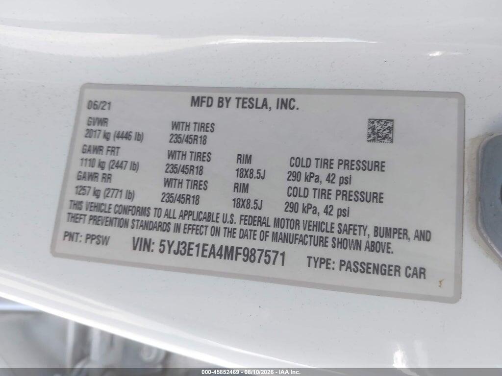 5YJ3E1EA4MF987571 2021 TESLA MODEL 3 photo no. 9
