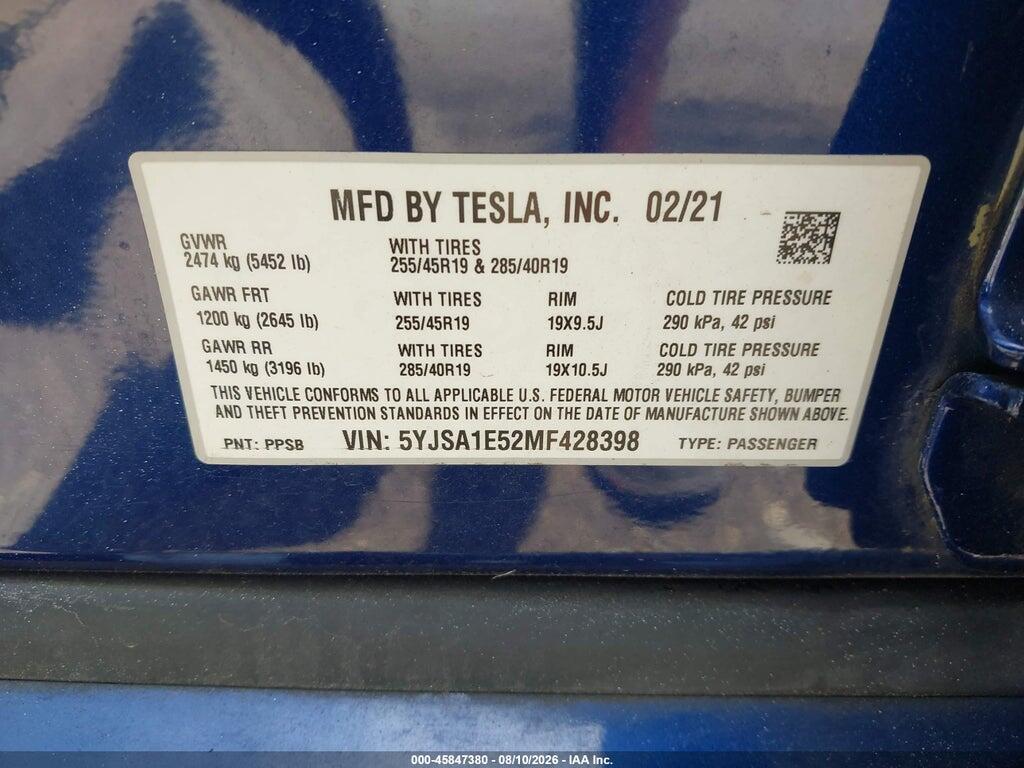 5YJSA1E52MF428398 2021 TESLA MODEL S photo no. 9