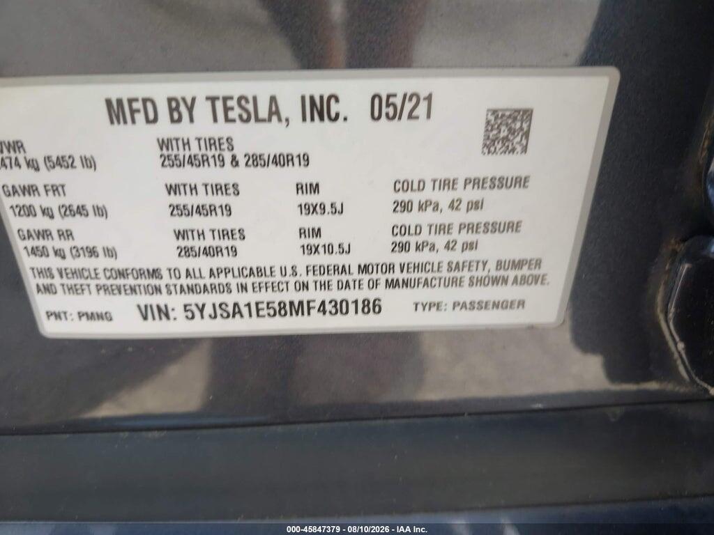 5YJSA1E58MF430186 2021 TESLA MODEL S photo no. 9