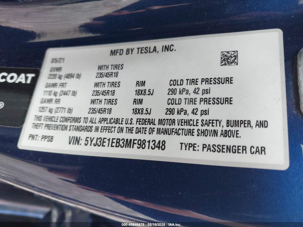 5YJ3E1EB3MF981348 2021 TESLA MODEL 3 photo no. 9