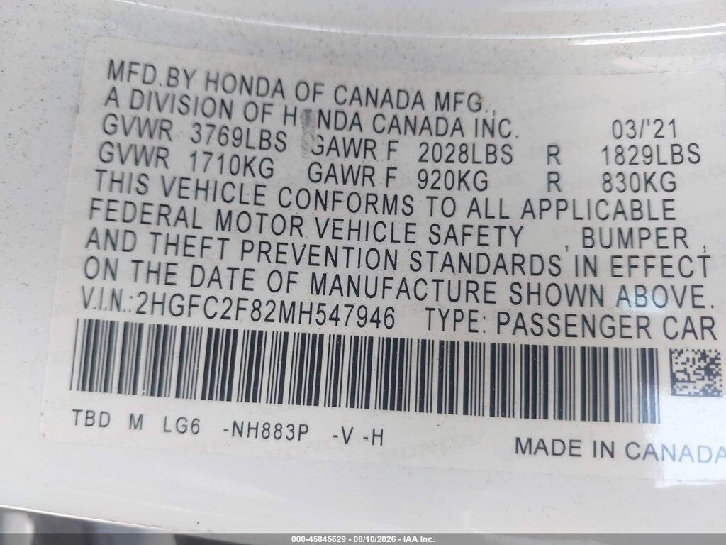 2HGFC2F82MH547946 2021 HONDA CIVIC photo no. 9