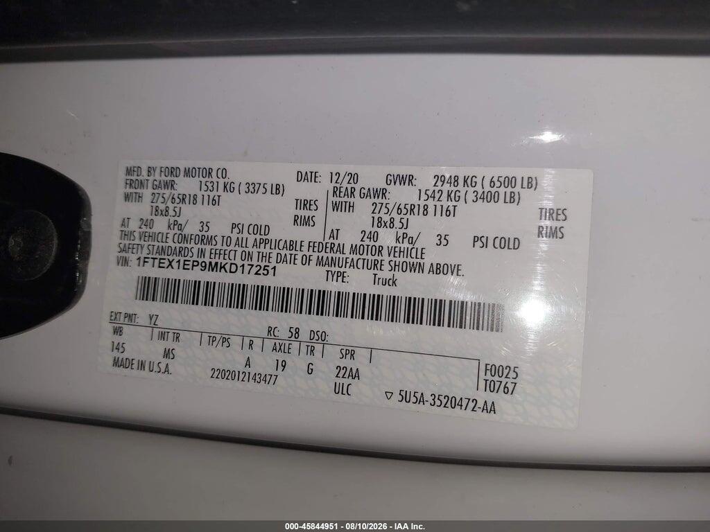 1FTEX1EP9MKD17251 2021 FORD F-150 photo no. 9