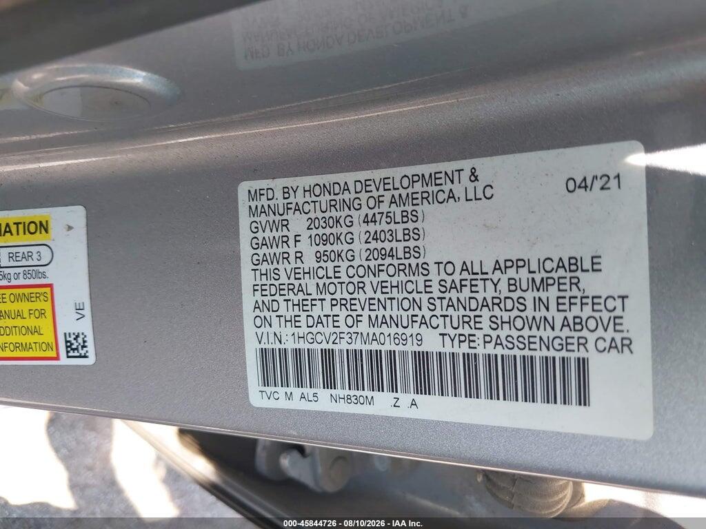1HGCV2F37MA016919 2021 HONDA ACCORD photo no. 9