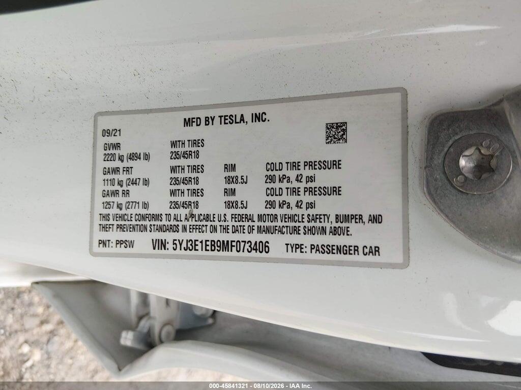 5YJ3E1EB9MF073406 2021 TESLA MODEL 3 photo no. 9