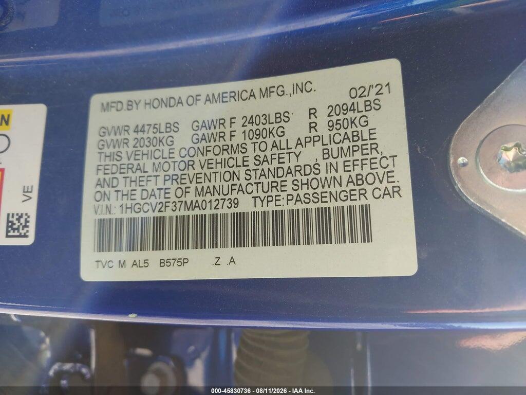 1HGCV2F37MA012739 2021 HONDA ACCORD photo no. 9