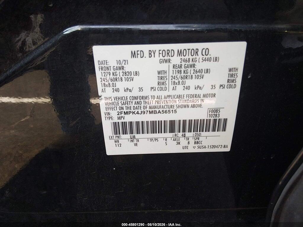 2FMPK4J97MBA56515 2021 FORD EDGE photo no. 9
