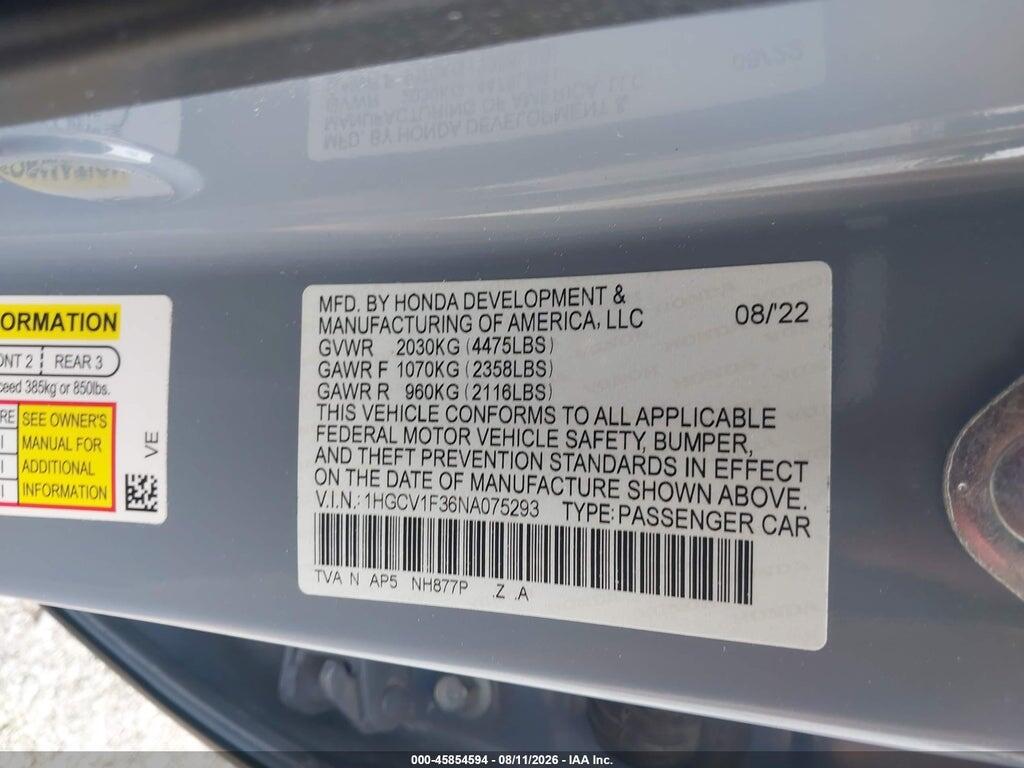1HGCV1F36NA075293 2022 HONDA ACCORD photo no. 9
