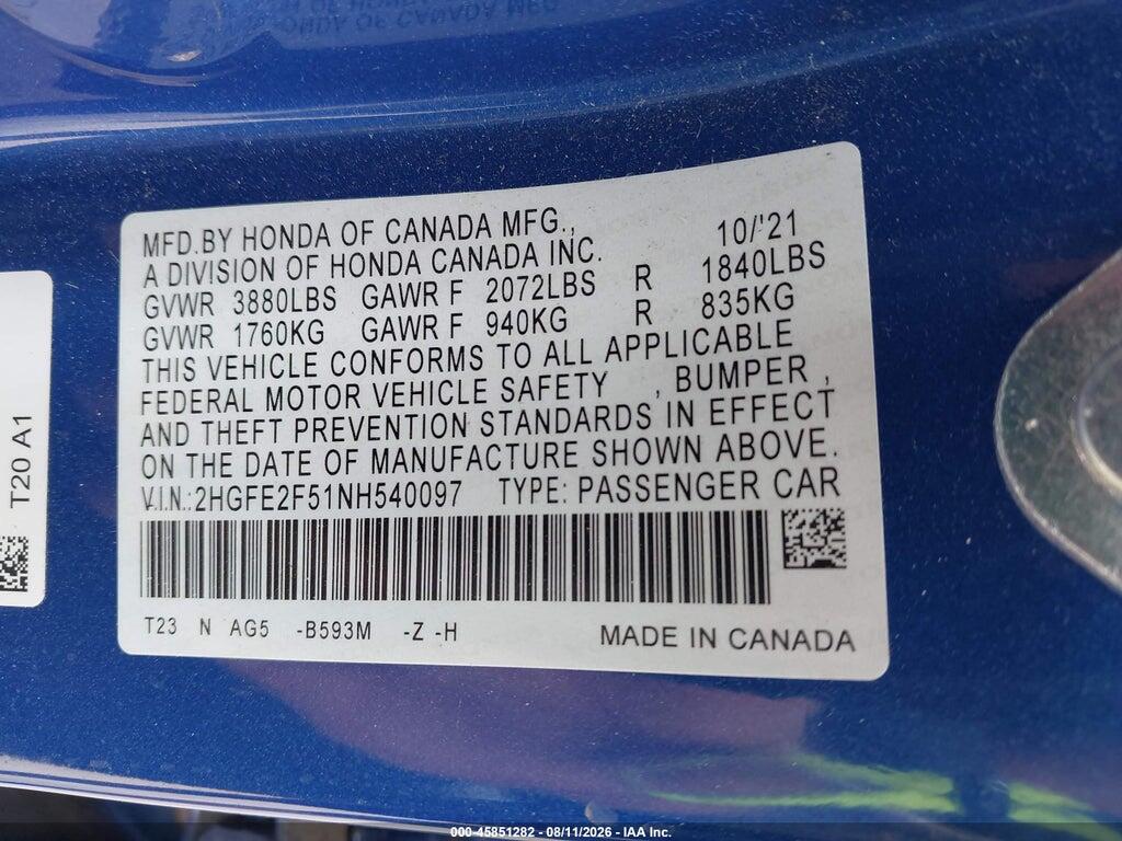 2HGFE2F51NH540097 2022 HONDA CIVIC photo no. 9
