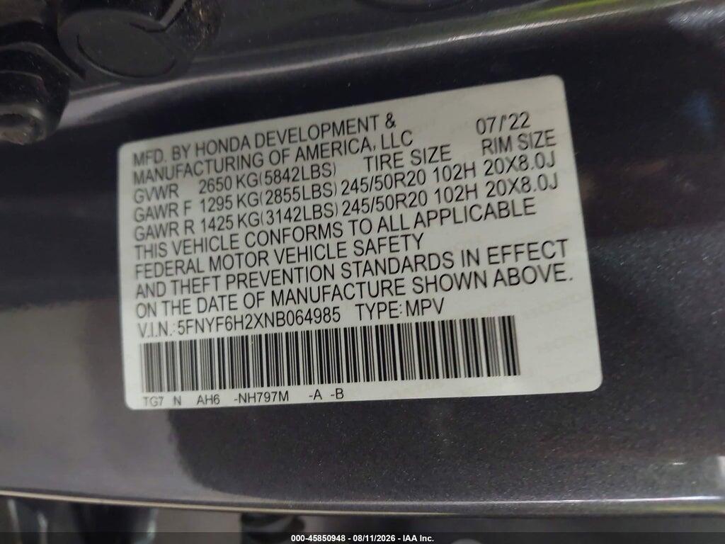 5FNYF6H2XNB064985 2022 HONDA PILOT photo no. 9