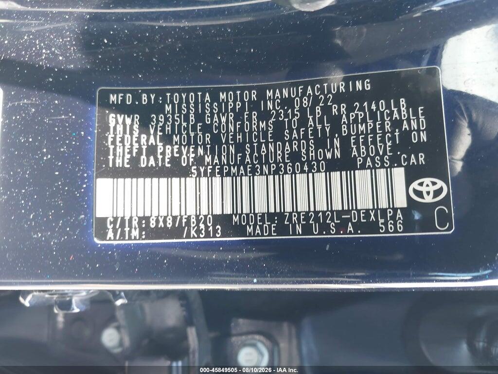 5YFEPMAE3NP360430 2022 TOYOTA COROLLA photo no. 9