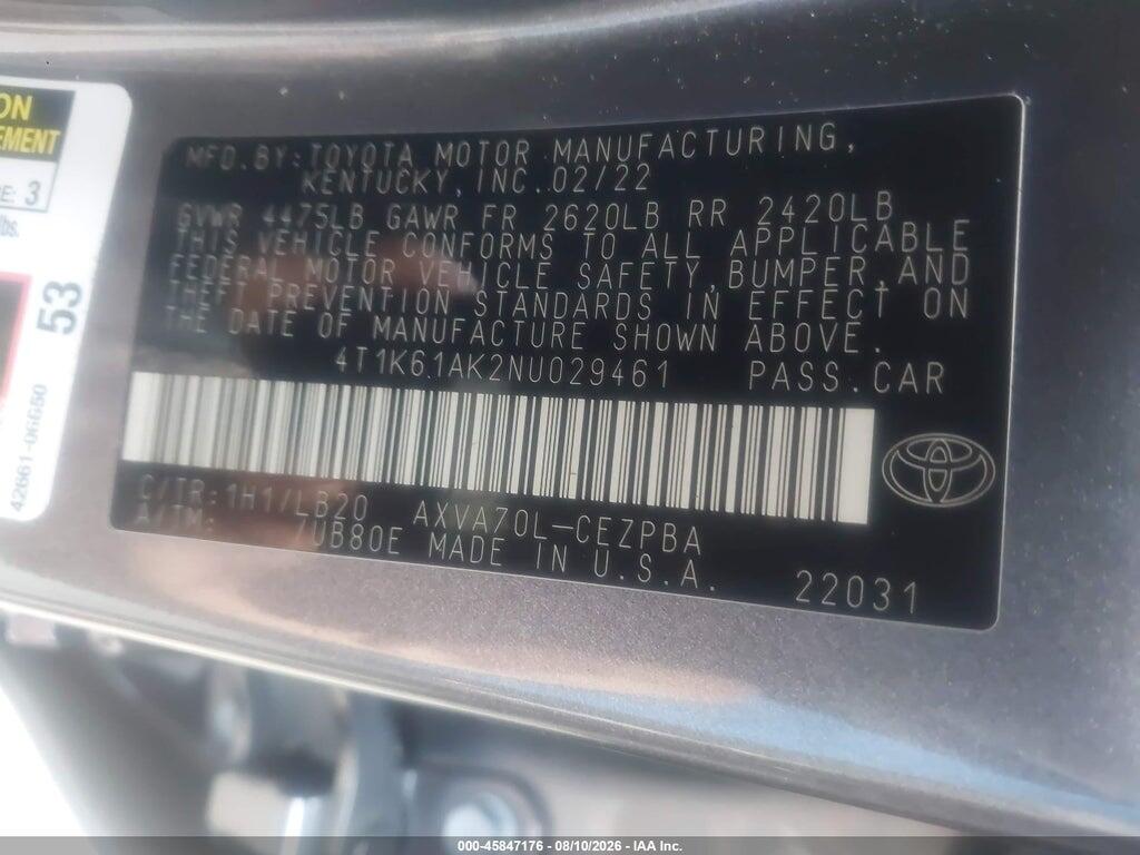 4T1K61AK2NU029461 2022 TOYOTA CAMRY photo no. 9